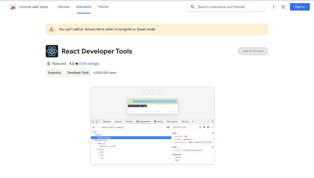 React Dev Tools browser extension page screenshot